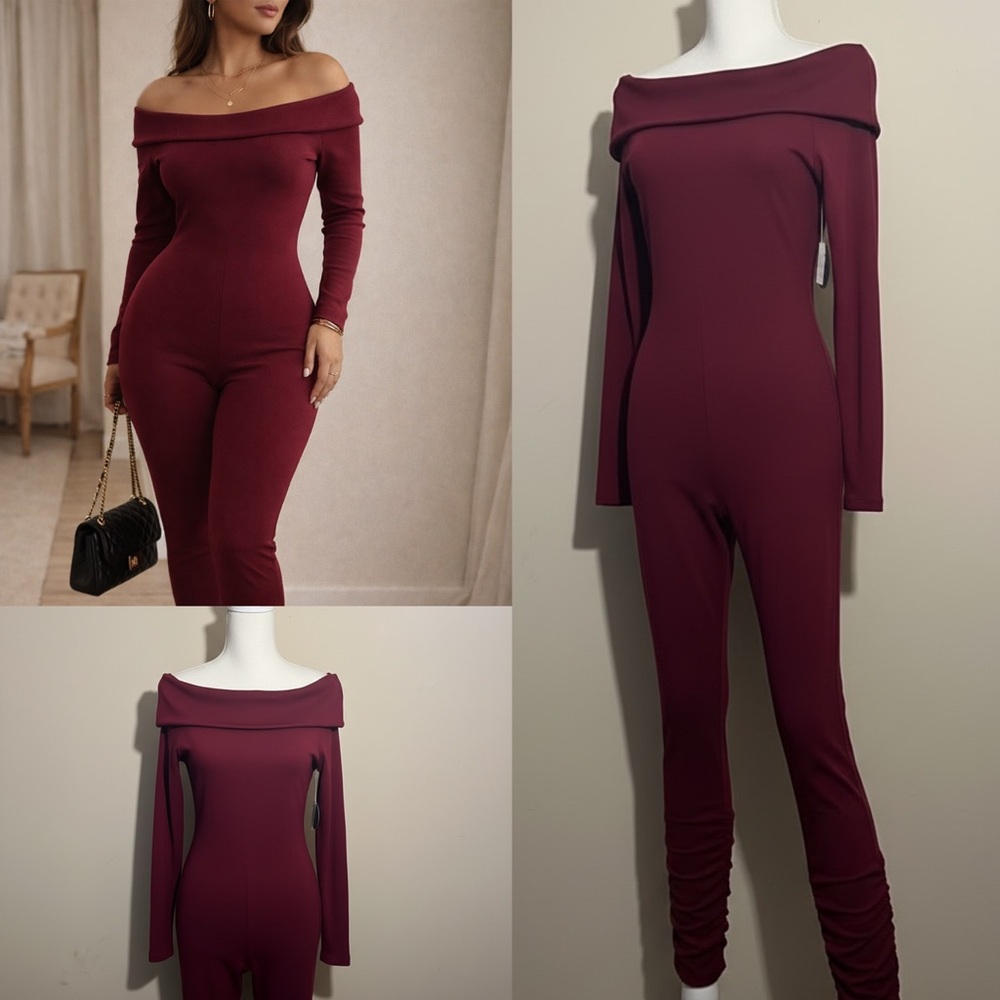 Burgundy Off Shoulder Bodycon Jumpsuit | Sexy Date | Long Sleeve NWT Large